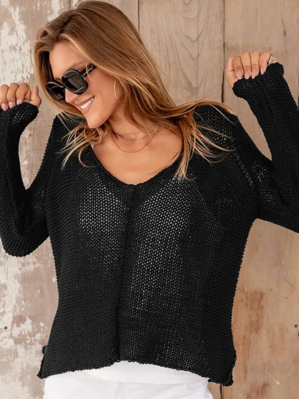 Wooden Ships Maui V Neck Sweater Womens X/L Black Chunky Cotton Blend High Low
